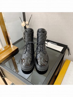 Chanel Lambskin Leather Lace-ups Ankle Boots Black