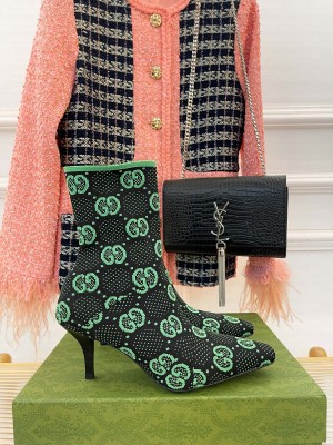 Gucci Women's GG Knit Ankle Boots 718378 Green