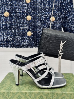 Gucci Slim Horsebit Leather Heel Slide Sandals Silver