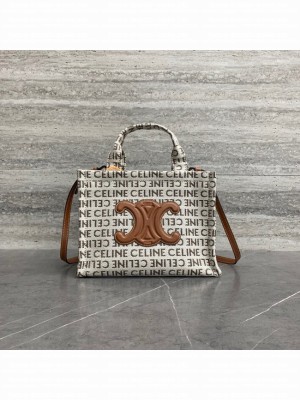 Celine SMALL CABAS THAIS IN TEXTILE WITH TRIOMPHE CANVAS PRINT AND CALFSKIN 199162 WHITE