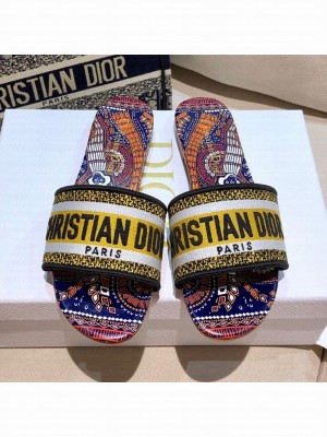 Dior Dway Flat Slide Sandals in Yellow Embroidered Cotton Spring/Summer 2021 Collection 36