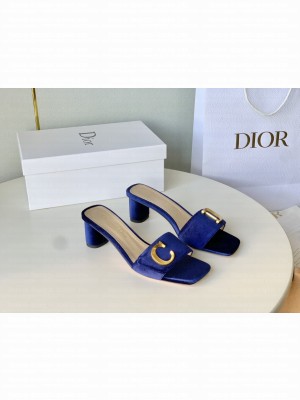 Dior C'est Dior Heeled Slide Sandals 4.5cm in Velvet with CD Letters 2023 Blue