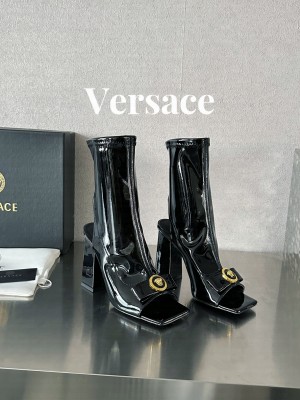 Versace Gianni Ribbon Open Ankle Boots 10.5cm in Strentch Patent Leather Black