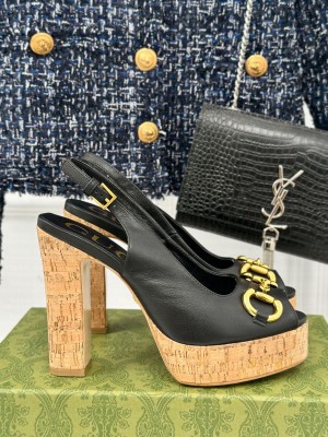 Gucci Horsebit 3cm Platform 13.5cm Heel Slingback Sandals Black