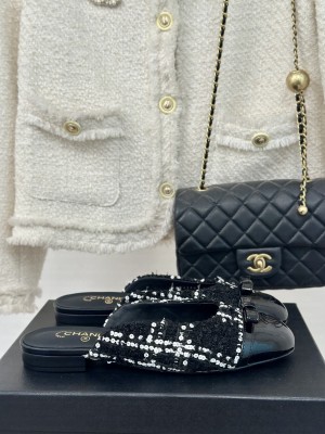Chanel Women's Tweed & Patent Leather Slide Flat