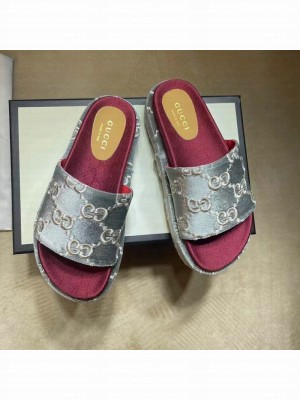 Gucci Velvet GG Platform Slide Sandal 573018 Silver/Fuchsia 2021 Collection