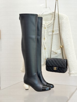 Chanel Stretch Lambskin & Patent Calfskin Heeled Over-the-Knee Boots Black
