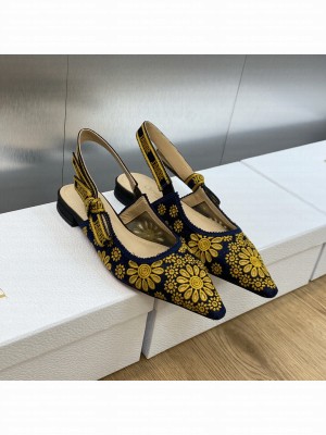 Dior J'Adior Slingback Flat in Navy Blue and Yellow Canvas Embroidered with Saint-Gall Motif 2023
