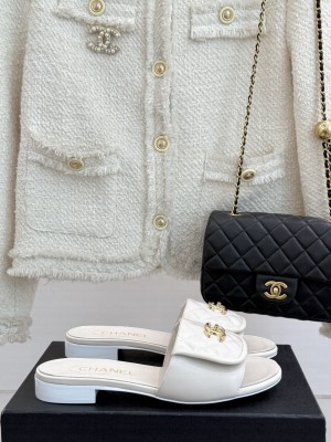 Chanel Quilted Lambskin Heel Slides Sandal 5cm with Foldover White 2025 