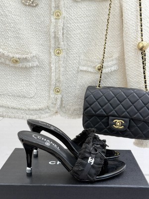 Chanel Beige Fabric Trim Bow Slide Sandals heel 8cm 2025 Black