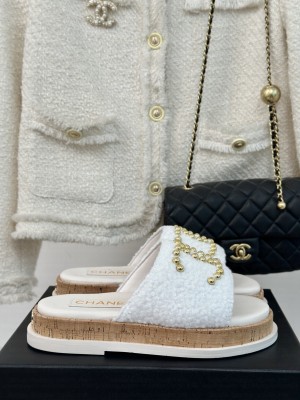 Chanel Calfskin Heel Slides Sandal 4cm with Camellia Bloom 03