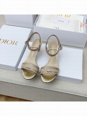 DIOR HEEL 6.5CM DWAY SANDALS IN COTTON EMBROIDERED WITH THREAD AND STRASS METALLIC GOLD 2022 COLLECTION