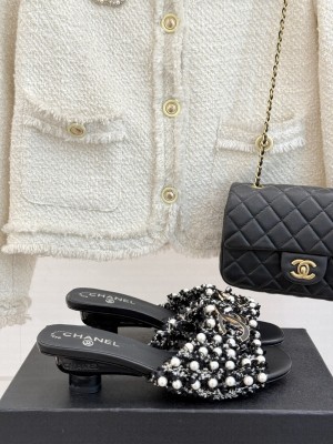 Chanel Tweed & Pearls Heel Slides Mule Black 2025 