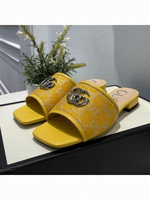 Gucci GG Silver Lamé Canvas Slide Sandals Yellow 2021 Collection