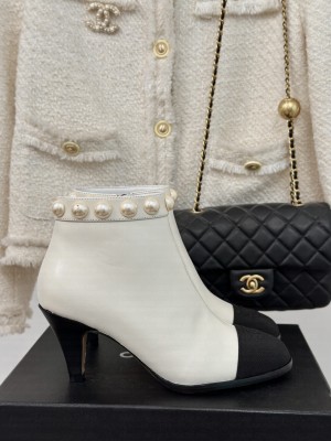 Chanel Lambskin & Grosgrain,Imitation Pearls 7cm Ankle Boots Cream 2024