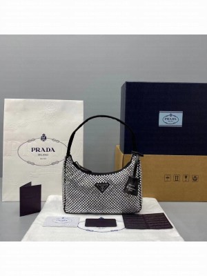 Prada Crystal Hobo Bag 22cm 6641 Nylon Leather Cruise 2021 Collection,  Black
