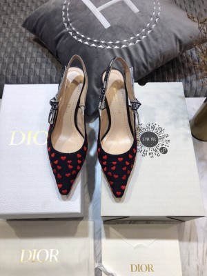 Dior J'Adior Slingback Pumps 6.5cm in Navy Blue and Red Hearts I Love Paris Embroidered Cotton 2021 2021 Collection 