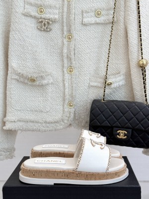 Chanel Leather Wood Flat Slides Sandal with Chain Beige 2025