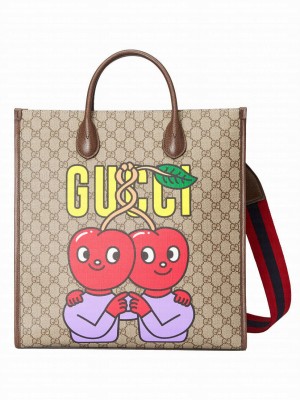 Gucci Cherry Print Medium Tote 703264 Dark Coffee