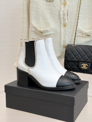 Chanel Calfskin Leather Heel Ankle Boots 5cm with Chain white