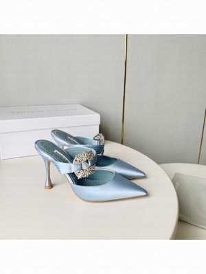 MANOLO BLAHNIK MAIDUGURAUS Blue Satin Embellished Buckle Mules