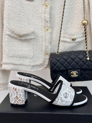 Chanel 6.5cm Mesh Lace Camellia Slide White