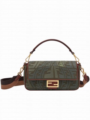 Fendi Baguette Multicolor Embroidered Canvas Bag 8BR600 Green