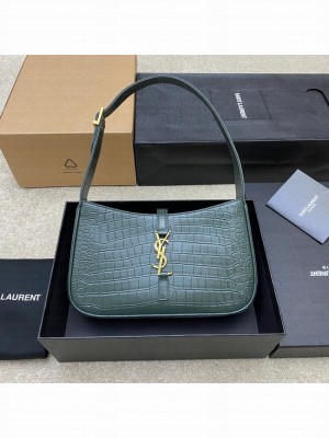 YSL LE 5 A 7 HOBO BAG IN CROCODILE-EMBOSSED SHINY LEATHER Y687228 blackish green