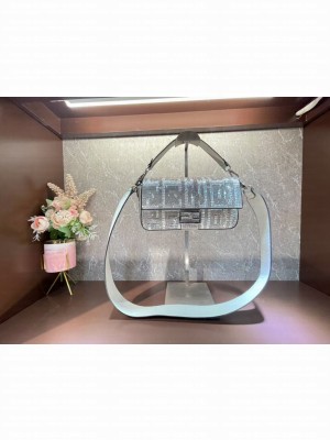 Fendi Baguette crystals and leather bag F0961 silvery