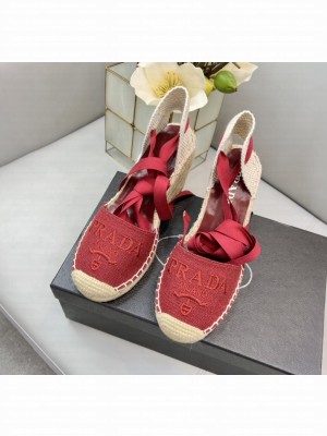 Prada Linen Logo 8cm Embroidered Wedge Espadrilles  2022 Collection Red