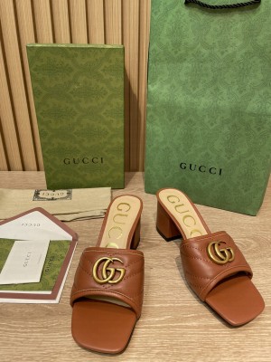 Gucci Double G Chevron Matelassé leather 5.5cm ‎Slide Sandals 2022 Collection,Brown
