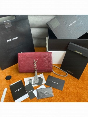 Yves Saint Laurent KATE CHAIN WALLET WITH TASSEL IN CROCODILE-EMBOSSED SHINY LEATHER 452159 Burgundy