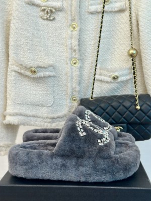 Chanel Wool Platform Rhinestone CC Logo Slide Mules 2024 Gray
