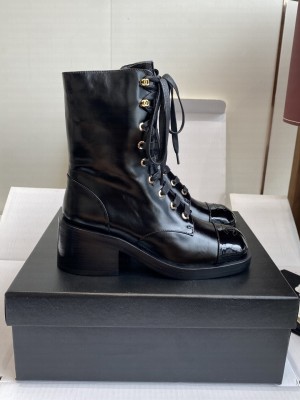 Chanel Shiny Calfskin Lace-Up Black Shoes
