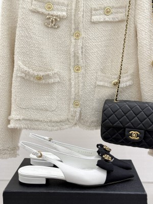 Chanel Camellia Bowknot Slingback Flat Sandals White 2025 