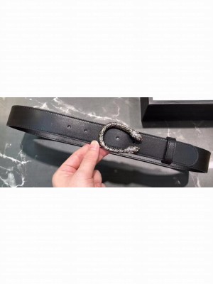 Gucci Width 3/3.5cm Leather Belt Black/Silver with Dionysus Buckle