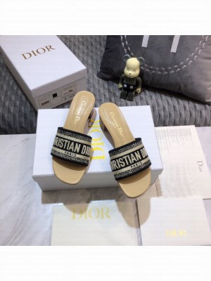 Dior Dway Heeled Slide Sandals 4cm in Cotton Embroidered 2023 Collection 011