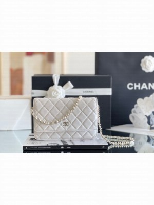 Chanel Grained Calfskin Classic Wallet on Chain WOC White/Light Gold 2024 Top Quality