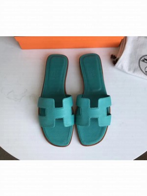 Hermes Oran Flat slippers in epsom leather Blue Paon with brown piping