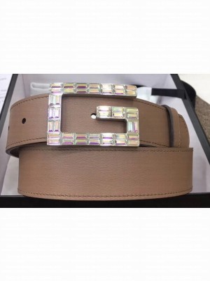 Gucci Width 3.5cm Leather Belt Nude with Crystals Square G Buckle