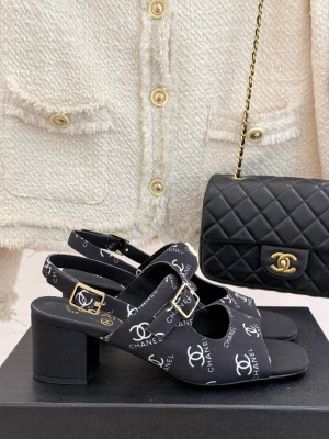 Chanel satin CC logo sandals black