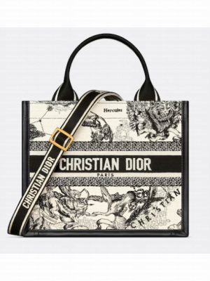 Small Dior Book Tote Latte Multicolor Dior Zodiac Embroidery and Black Calfskin M1325CET