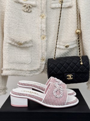 Chanel CC Chain Logo Fabric Heel Slide Mule 2024 Pink