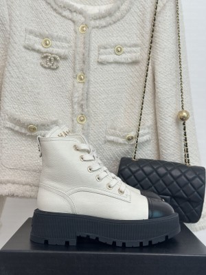 Chanel Calfskin 3.5cm Lace-up Biker Boots 2023 Cream
