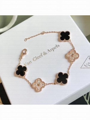 Van Cleef&Arpels Fiver Clovers Crystal Bracelet Black Rosy Gold Collection