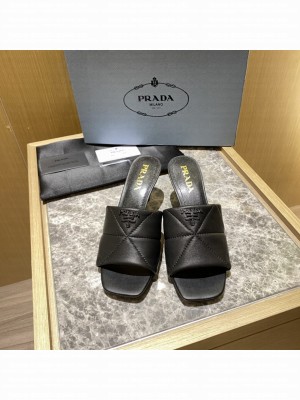 Prada Quilted leather 65 mm varnished heel slides sandals Mule 2022 Collection,Black