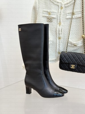 Chanel Calfskin Heel High Boots black