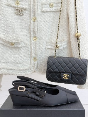 Chanel Satin & Grosgrain Wedge Slingbacks Black 2025 