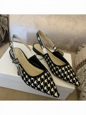 Dior J'Adior Slingback Flat in Cotton Embroidery with Micro Houndstooth Black/White 2022 Collection