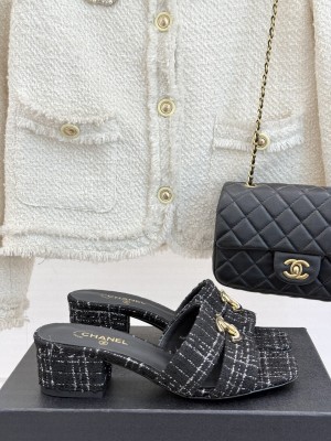 Chanel Tweed slides sandals with cc logo black 